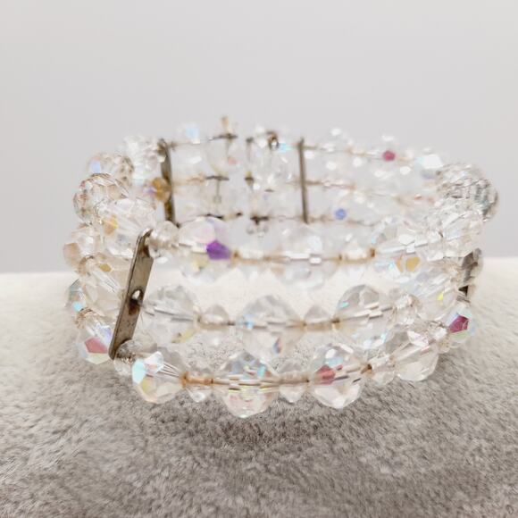 Vintage 1950s Aurora Borealis Crystal Beaded Bracelet, 3-Row Memory Wire Jewelry - Picture 8 of 11